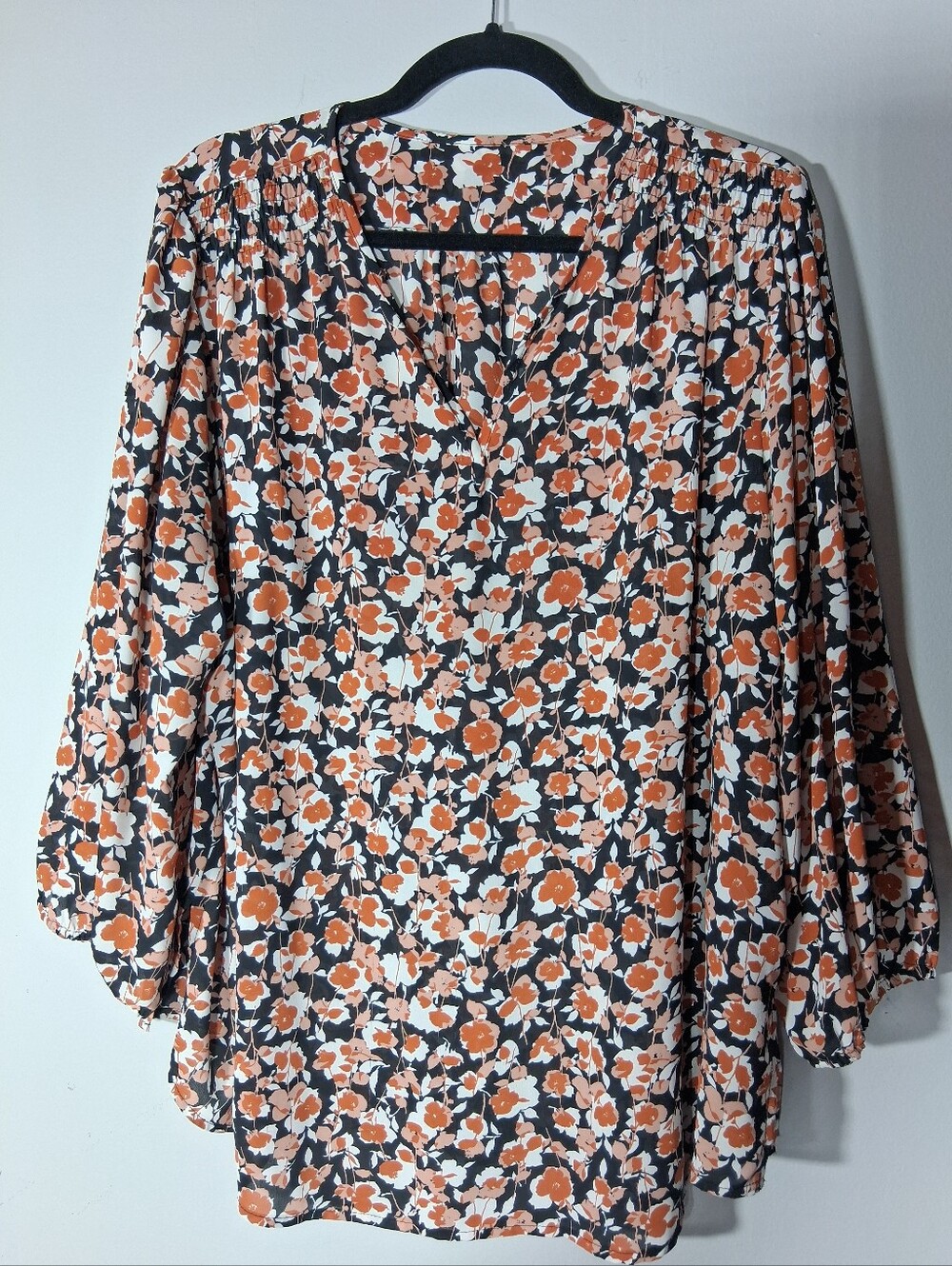 Women’s Black Floral Peasant Blouse with Orange Accents - 2X